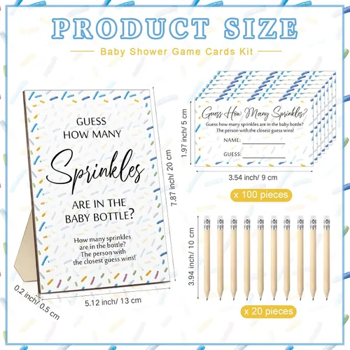 Miniatura 2 de Qilery 122 piezas de juegos de baby shower Adivina cuántos gránulos incluidos, letrero de pie, 100 tarjetas de adivinanza, 20 lápices, 1 biberón