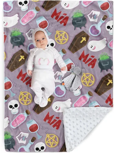 Miniatura 11 de Manta de Halloween personalizada, diseños de dibujos animados con nombre personalizable, manta de franela de felpa suave con respaldo punteado