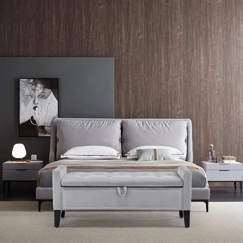 Miniatura 8 de LOULENS Banco otomano de almacenamiento de terciopelo de 45 pulgadas, banco tapizado en el extremo de la cama, banco de almacenamiento moderno Gris