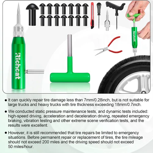 Miniatura 8 de Richcat Kit de reparación de pinchazos de neumáticos sin cámara con tapón de seta, repara pinchazos y neumáticos planos para motocicletas