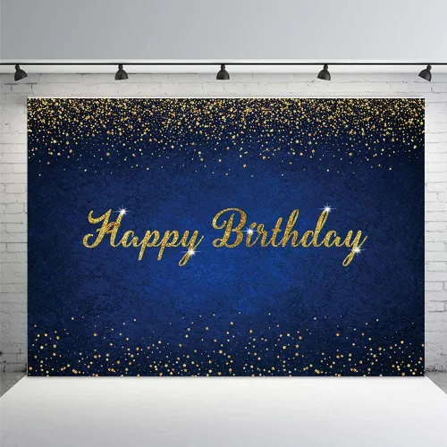 MEHOFOND Telón de fondo azul y dorado de feliz cumpleaños con puntos dorados con purpurina azul real para mujeres, hombres y niños, decoración de