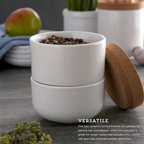 Miniatura 2 de Kamenstein Bodega apilable de corcho y cerámica de 3 piezas para sal y pimienta para ahorrar espacio en la encimera; tapa giratoria para mantener