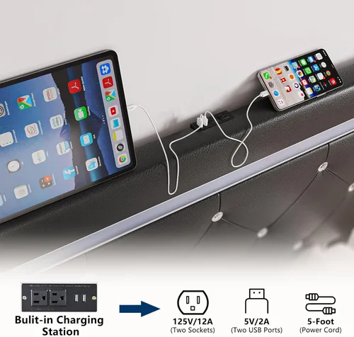 Miniatura 4 de Benevika Base de cama de tamaño completo con 4 cajones y estación de carga, cama tapizada de cuero PU con cabecera LED ajustable, soporte de Negro