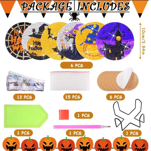 Miniatura 2 de Praise V Do Juego de 6 posavasos de pintura de diamante con soporte de base de corcho, posavasos de calabaza de Halloween, kit de pintura