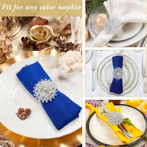 Miniatura 5 de Geiserailie 6 Piezas Anillos de Servilleta Plateados Flor Cristal Brillante Anillos de Diamantes de Imitación Florales Portaservilletas de Diamantes