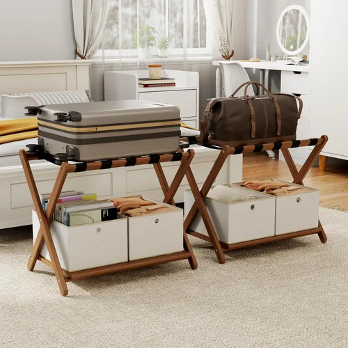 Miniatura 10 de oakvivo Portaequipajes negro totalmente montado para habitación de invitados, soporte plegable de bambú para maleta con 5 correas de nailon, soporte