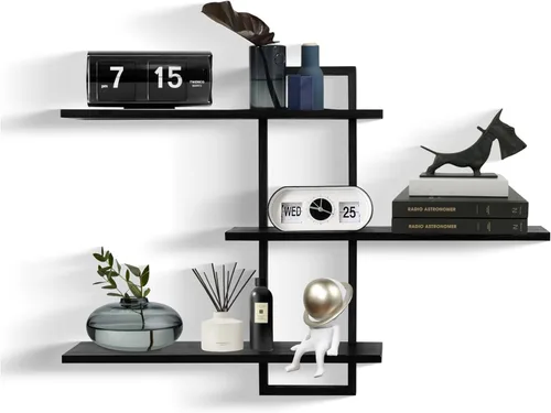 PHOENANCEE Estantes de pared de 3 niveles, estante flotante decorativo para pared, estante de fotos de plantas, estantes de madera para sala de Negro