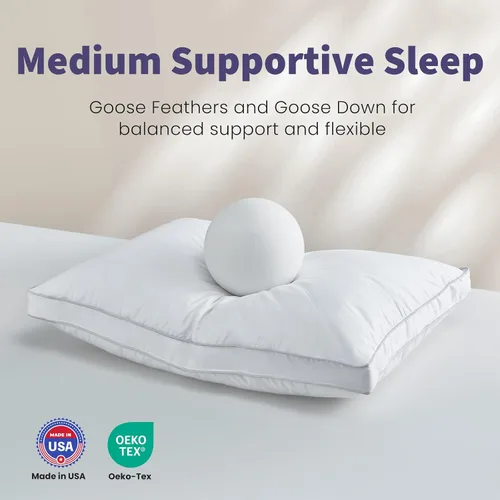 Miniatura 6 de Dreamhood Juego de 2 almohadas de plumas de ganso de lujo, tamaño estándar, hechas en Estados Unidos, con refuerzo, almohada de plumón firme media