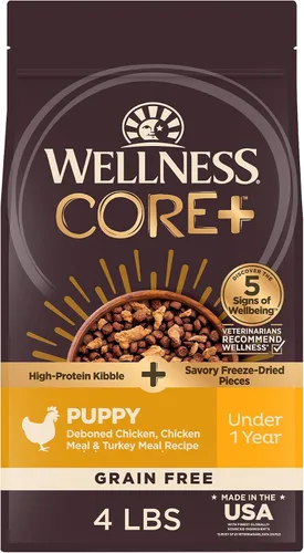 Wellness CORE+ - Alimento seco para cachorros con trozos liofilizados, sin granos, alta proteína, natural, receta de pollo y pavo, (bolsa de 4