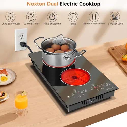 Miniatura 2 de Noxton Estufa eléctrica de 110 V, 2 quemadores, estufa eléctrica de 12 pulgadas, quemador de encimera y estufa de cerámica incorporada, temporizador