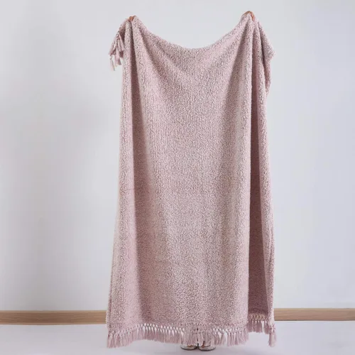 Miniatura 5 de Manta sherpa ultra suave y acogedora, manta decorativa ligera y cálida con borla, 2 tonos degradado rosa polvoriento, manta reversible