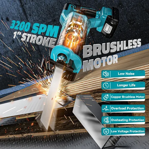 Miniatura 4 de Cerycose Sierra recíproca inalámbrica compatible con batería Makita de 18 V, velocidad variable de 1 pulgada de longitud de carrera, 3200 SPM