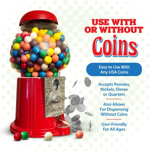 Miniatura 8 de American Gumball Company - Máquina de bolas de chicle roja de estilo retro de metal de 11 pulgadas, fabricada para bolas de chicle de 0.62 pulgadas