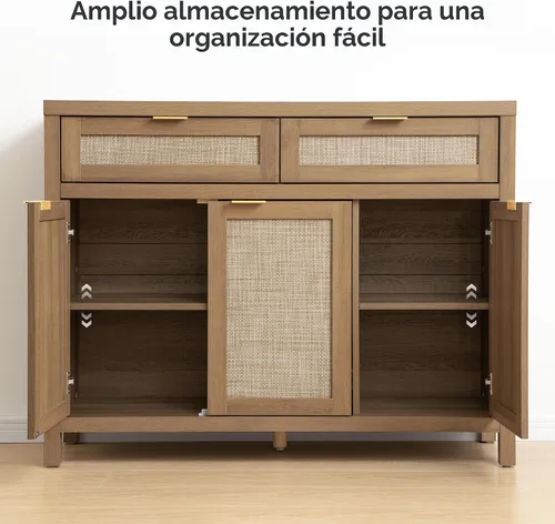 Miniatura 5 de SICOTAS - Aparador de bufé de ratán con almacenamiento, aparador de acento estilo bohemio con 3 puertas y 2 cajones, consola de café de casa