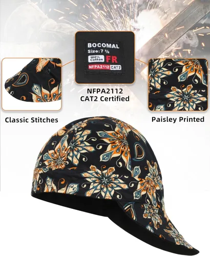 Miniatura 5 de BOCOMAL Gorro de Soldadura Resistente al Fuego CAT2 de Peso Medio con Estampado, Gorras de Soldador de 6 Paneles - Juego de 2