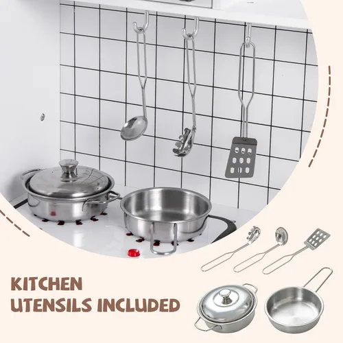Miniatura 7 de INFANS Juego de cocina para niños, juego de cocina de madera con luz y sonido realistas, estufa, fregadero, microondas, armario de almacenamiento