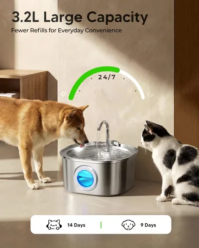 Miniatura 4 de PEKTACO Fuente de Agua para Gatos de Acero Inoxidable, Dispensador de Agua para Gatos de 3.2L/108 onzas con Bomba de Agua Silenciosa y Ventana