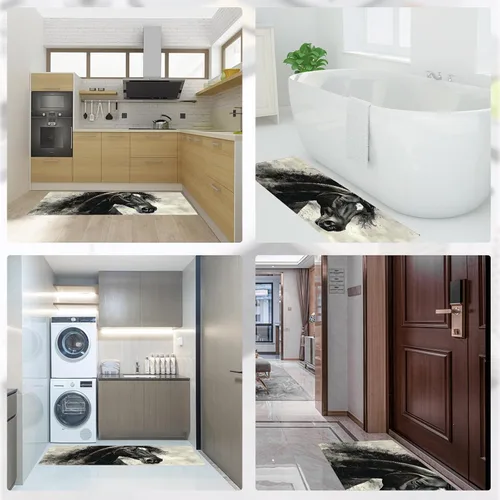 Miniatura 4 de Juego de 2 piezas de tapetes de cocina, estilo retro abstracto negro Horsetapete para antifatiga, tapetes de interior, oferta para decoración