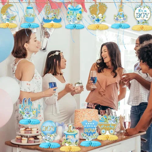 Miniatura 7 de Tarklanda 12 centros de mesa de nido de abeja para baby shower, decoración de fiesta para niños, diseño floral azul dorado con texto en inglés "It's