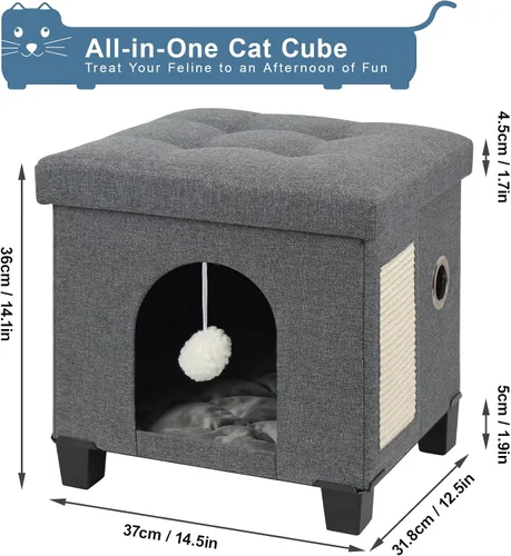 Miniatura 2 de BRIAN & DANY Casa plegable para gatos, cueva para gatos, cubo para gatos con tablero de rascar y bola, 14.7 x 14.1 x 12.7 pulgadas, gris