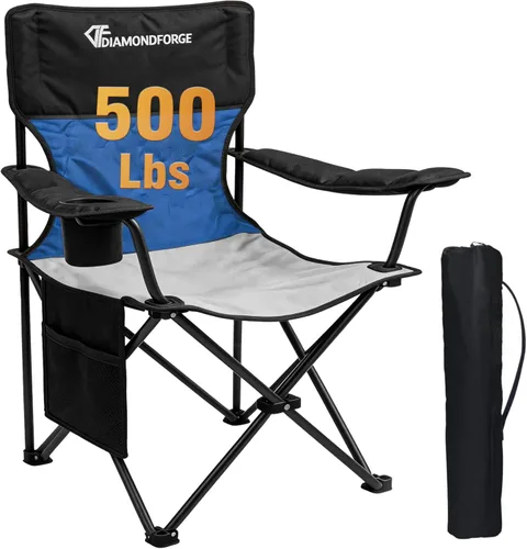 Silla de camping de gran tamaño, sillas de césped con respaldo alto de 500 libras (negro azul) | Portable Outdoor Heavy Duty Folding Camping Chairs