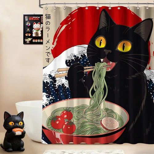 Miniatura 36 de Cortina de ducha estrecha con diseño de gato negro y animé japonés para casa rodante, juegos de decoración de baño, tela impermeable con ganchos, 36