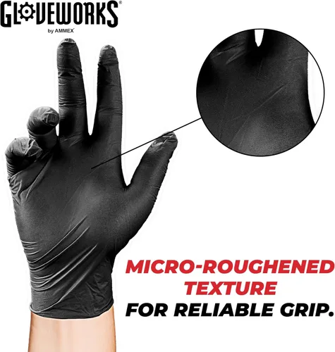 Miniatura 5 de GLOVEWORKS Guantes negros de nitrilo desechables de 5 mil, sin látex, agarre texturizado para servicio de alimentos, cocina, limpieza profesional