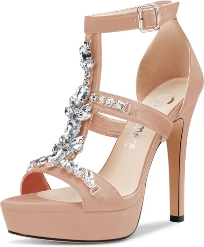CASTAMERE Sandalias de tacón alto con plataforma y punta abierta para mujer, estilo romano, diamantes de cristal, boda, fiesta, sexy, 5.1 pulgadas