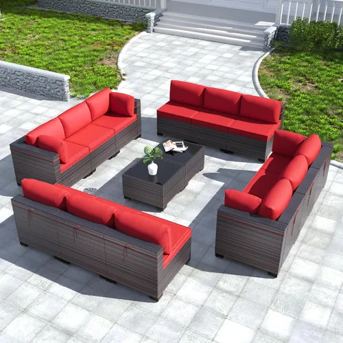 Miniatura 66 de Kullavik Juego de 13 muebles de patio al aire libre con mesa de fogata de gas propano de 43 pulgadas, 55000 BTU, mimbre de polietileno, sofá Arena