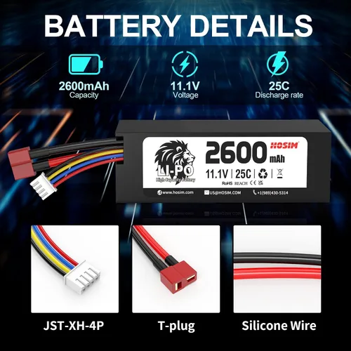 Miniatura 4 de Hosim Batería Lipo 3S 11.1V 2600mAh 25C RC Car Lipo Baterías Hard Case T-Plug Li-po Batería para 1/8 1/10 1/14 Escala de Alta Velocidad Vehículos RC