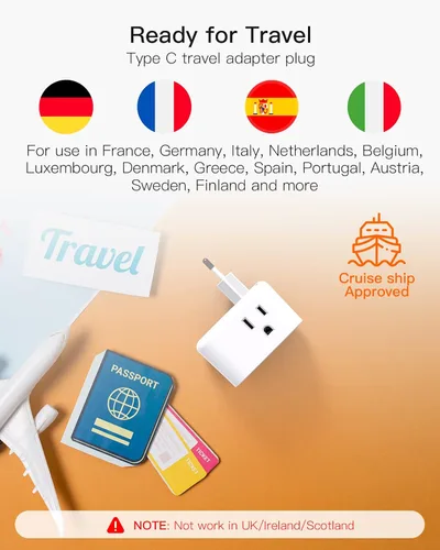 Miniatura 5 de Paquete de 2: adaptador de enchufe de viaje europeo, adaptador de enchufe de alimentación internacional BESHON con 3 tomas, 3 puertos USB (2 USB C)