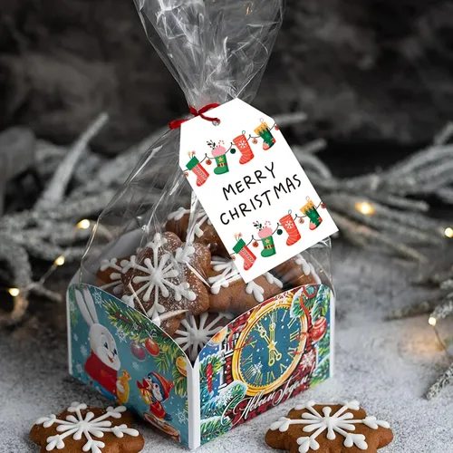 Miniatura 5 de joycraft 50 etiquetas de Feliz Navidad con cuerda - 3.3 x 2.1 pulgadas etiquetas blancas de papel con calcetín navideño, etiquetas colgantes