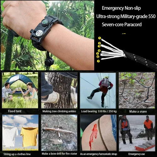 Miniatura 5 de Brazalete de supervivencia con paracord, iniciador de fuego, luz SOS impermeable, brújula, silbato, AK87 ajustable 20 en 1, juego de supervivencia