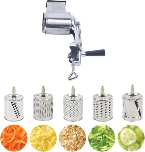DYNAMI Rallador giratorio de acero inoxidable 5 en 1, rallador de cocina, cortador de verduras, molinos de alimentos con 5 tambores inoxidables,