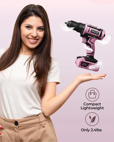Miniatura 2 de Juego de taladro inalámbrico rosa, taladro eléctrico de 20 V para mujer, destornillador eléctrico ligero con paquete de energía y cargador