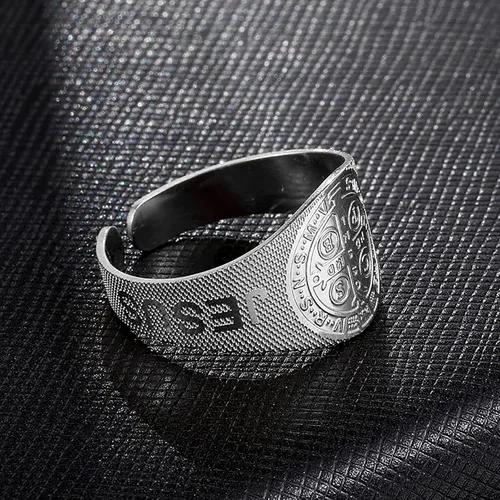 Miniatura 4 de JAJAFOOK Anillo de Jesús San Benito de acero inoxidable con apertura ajustable, joyería religiosa católica