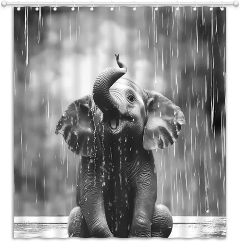 Cortina de ducha con diseño de elefante, diseño de animales salvajes, diseño de gotas de lluvia, tela gris, con ganchos, 35 pulgadas de ancho x 70