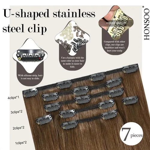Miniatura 3 de Honsoo Extensiones de cabello humano real de color marrón con pinzas, marrón castaño, 15 pulgadas, 70 g, 7 unidades, cabello lacio sedoso y marrón