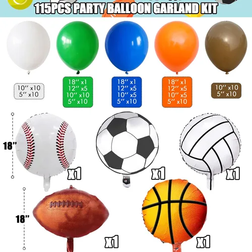 Miniatura 2 de Kit de guirnalda de arco de globos deportivos, 115 piezas de globos de helio para fiestas deportivas de béisbol, fútbol soccer, baloncesto, fútbol