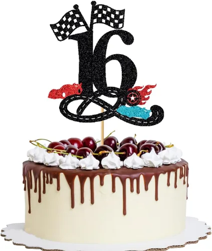 Miniatura 10 de Decoración para tartas de cumpleaños número 13, decoración para tartas de trece años con purpurina rápida, bandera a cuadros, pista de carreras