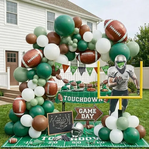 Miniatura 12 de Globos de fútbol verde oscuro, marrón y negro, globos con pancarta, colgante, remolino, poste de meta, globos de fútbol para deportes, cumpleaños