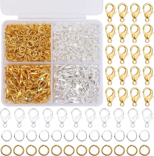 Juego de 700 cierres de langosta y anillos de salto, 0.472 pulgadas de oro y plata con anillos abiertos de 0.276 x 0.197 pulgadas para hacer joyas,