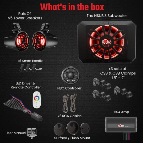 Miniatura 2 de NOAM NUTV5-S V.2 - Kit de sistema estéreo marino ATV/carrito de golf/UTV - con 2 altavoces de torre de luz LED impermeables, subwoofer, controlador