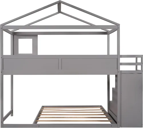 Miniatura 7 de Cama litera con escalera en forma de casa con escalera con almacenamiento y ventana para niños o niñas, no se necesita somier