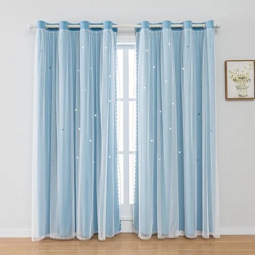 Miniatura 10 de FANLI 2 paneles de cortinas opacas de estrellas para dormitorio de niñas, sala de estar, rayas oscurecedoras, doble capa, estrellas caladas