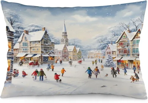 Miniatura 23 de Funda de almohada con escena de pueblo navideño con niños, fundas de almohada de 12 x 20 pulgadas, almohadas decorativas de Navidad para sofá, funda