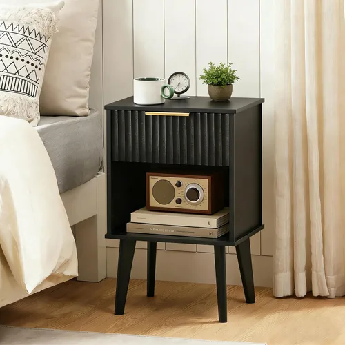 MAHANCRIS Mesita de noche negra acanalada, moderna mesita de noche con cajón y almacenamiento de apertura, mesita de noche con patas de madera, mesa