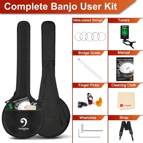 Miniatura 8 de Vangoa Banjo - Kit de 5 cuerdas para principiantes, tamaño completo, cabeza Remo, 24 soportes, espalda abierta, juego de banjo con resonador