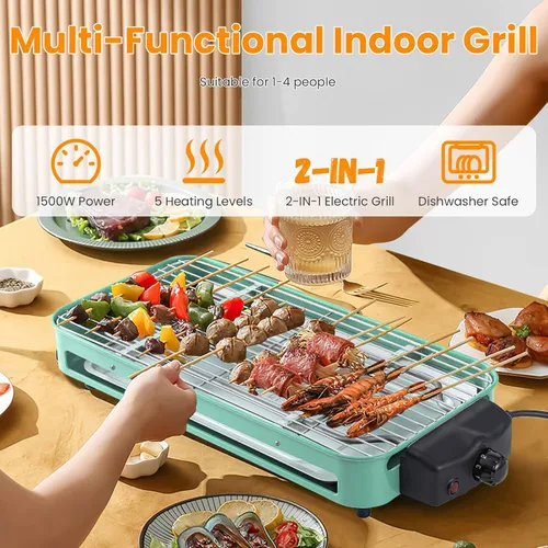 Miniatura 6 de Parrilla eléctrica para interiores, parrilla eléctrica 2 en 1 de 1500 W con red de parrilla y placa extraíble de cocina antiadherente, parrilla