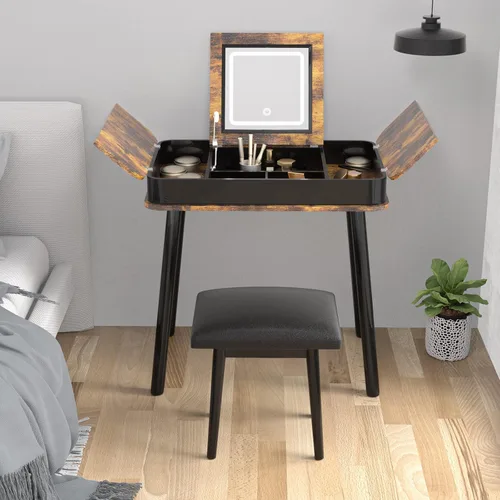 Miniatura 7 de Tiamo Escritorio retro de madera con espejo, luces, silla y cajones, juego de mesa de maquillaje y taburete de 32 pulgadas en marrón